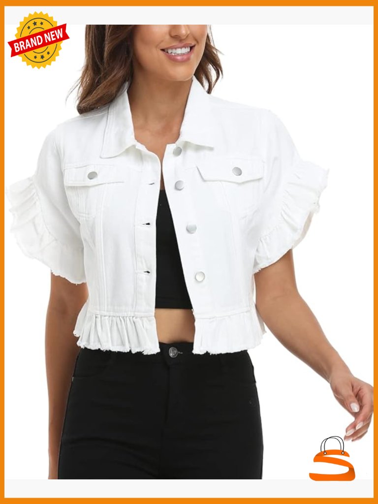 Denim Jacket Ruffle Sleeve Button Down Distressed Cropped Jean Jacket